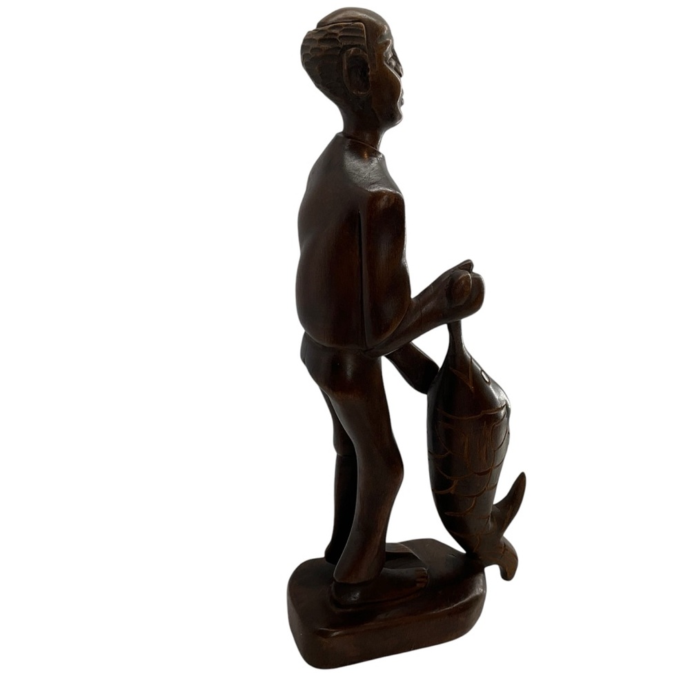 HAND CARVED Statue Standing Man and Fish Wooden Brown